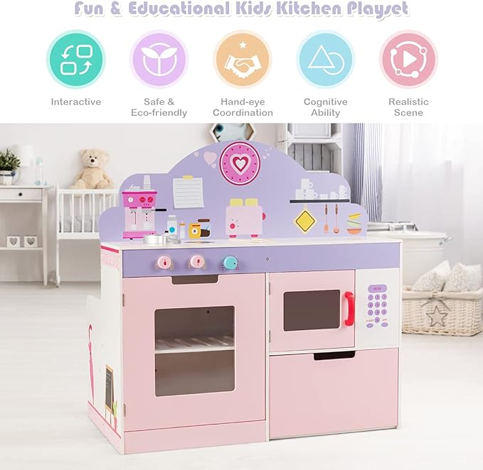 GLACER 2-in-1 Kids Kitchen Playset, Double-Sided Wooden Pretend Cooking Food Set w/Stove, Oven, Microwave, Storage Cabinet, Simulation Play Kitchen Set for Toddlers (Pink)