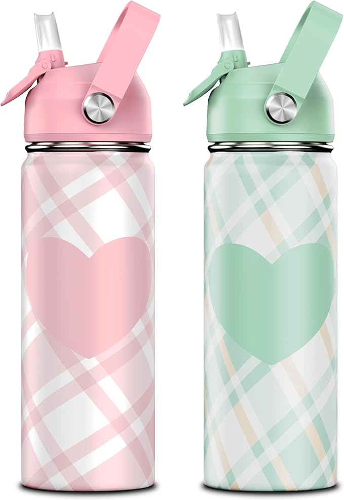 18oz Kids Insulated Water Bottle with Straw Lid - 18/8 Stainless Steel Kid Cup Travel Tumbler Double Wall Vacuum Leak Proof Portable Toddler Water Bottle (Plaid Pink+Green）