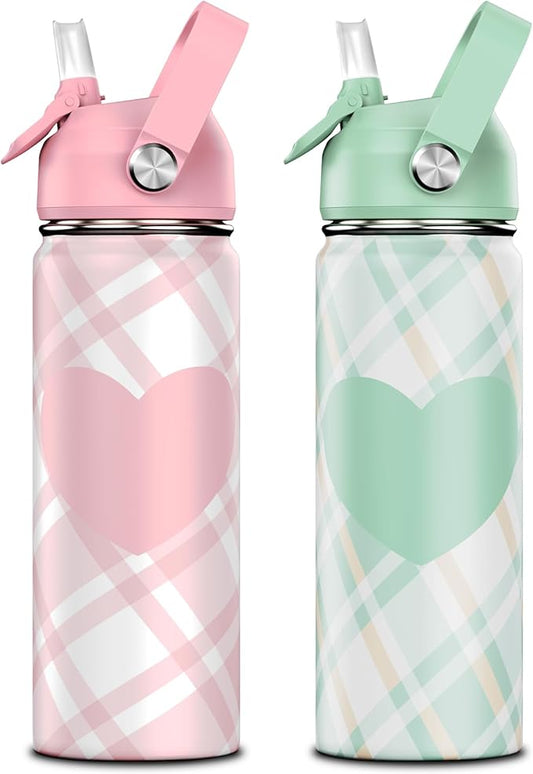 18oz Kids Insulated Water Bottle with Straw Lid - 18/8 Stainless Steel Kid Cup Travel Tumbler Double Wall Vacuum Leak Proof Portable Toddler Water Bottle (Plaid Pink+Green）