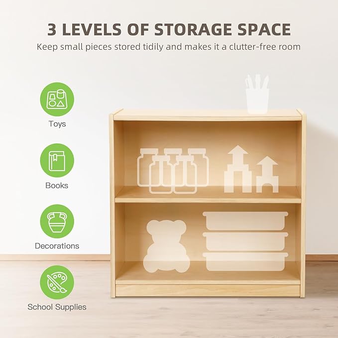 OOOK Montessori Toy Shelf, 2-Tier Wooden Storage Shelf for Kids, Modern Style, Kids Bookshelf and Toy Storage, Classroom, Kindergarten, Playroom, Daycare Center