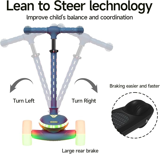 Winhope Kids Kick Scooter, 3 Wheel Scooter for Boy and Girl, LED Lighted Wheels and Widen Deck, Outdoor Ride-On Toys for Kids Aged 3-8