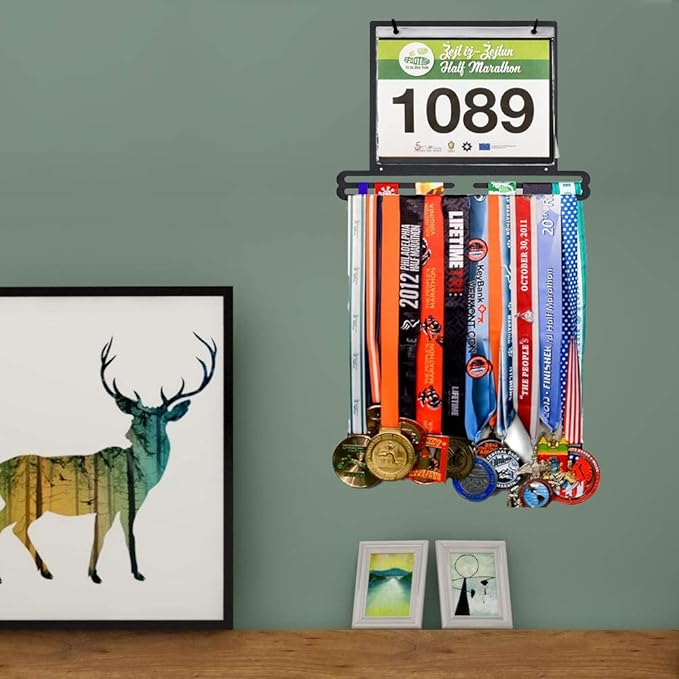 Jolitac Sports Medal Awards Display Rack Wall Mounted Marathon Medals Hanger Holder for 60+ Medals 100 Runner Race Bibs 20 Bibs Flip Vinyl Sleeves