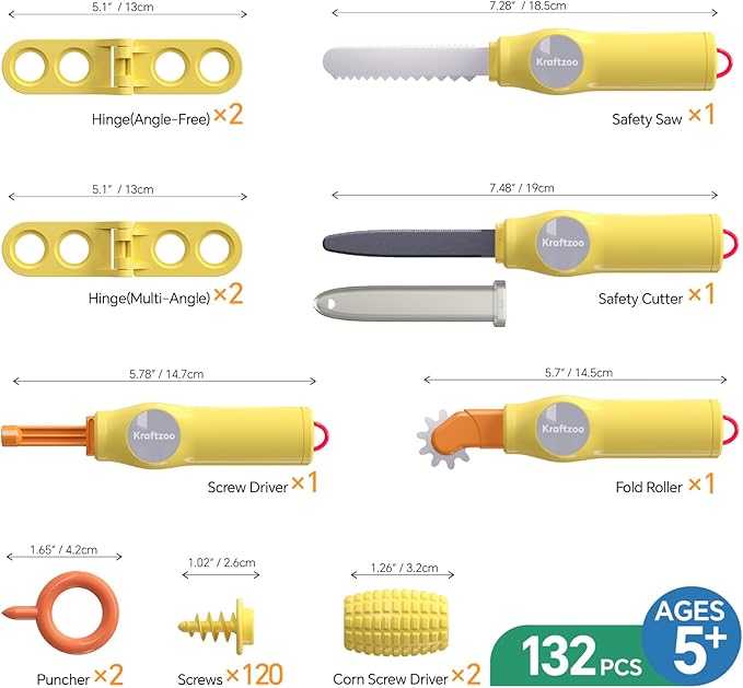 Cardboard Construction Tool Kit for Kids – 132 PCS DIY Cutting Tools & Educational Toys for Family & Team Projects – Creative STEM Building Kit for Boys & Girls Ages 5+