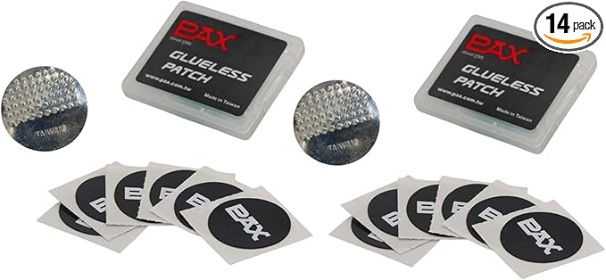 PAX 14 Pcs Lightweight Glueless Bike Tire Puncture Repair Patch Kit, 12 Self Adhesive Pre Glued Tube Patches & 2 Metal Buffer/Scuffers in Total, Quick & Easy Repair for Mountain Road Bicycle