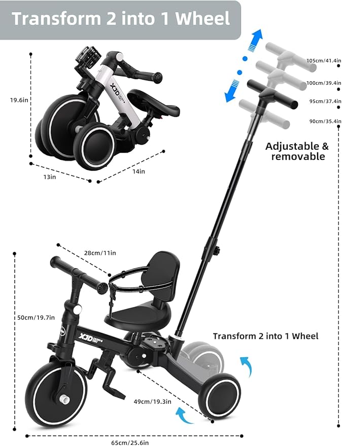XJD Toddler Bike, 6 in 1 Folding Toddler Tricycle for 1-4 Year Old with Parental Control Handle, Balance Bike with Removable Pedal, Backrest, Adjustable Seat and Handle, First Birthday Gifts (Black)