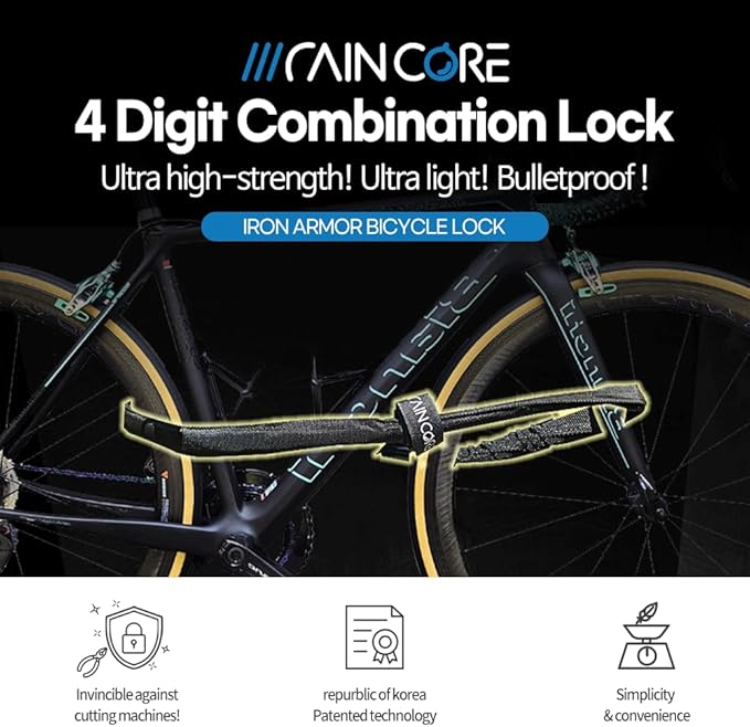 RAINCORE Light Weight Bike Cable Lock for Heavy Duti Anti Theft - 24inch (60cm) - 0.27lb (124g) - Bike Chain Lock with Chain Cutter Proof Fiber - Patented Korea - Security Cable (24 inches)