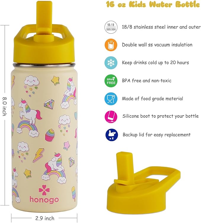 16 oz Stainless Steel Insulated Kids Water Bottle, Leak Proof Metal Thermal Flask with Straw lid, Cute Toddler Tumbler Cup for School Girls & Boys (Beige, Unicorn)