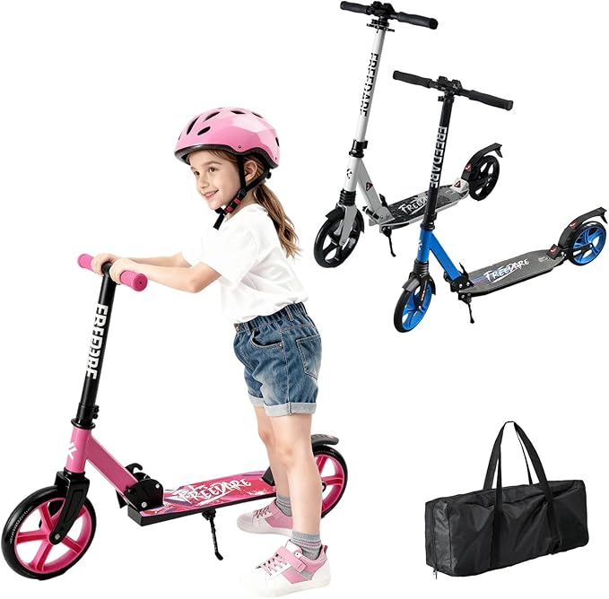 FREEDARE Kick Scooter for Kids & Adults Ages 8+, Foldable Teen Scooter with 2 Big 8-inch Wheels and 4-Level Adjustable Handlebar, Max Load 220 LBS
