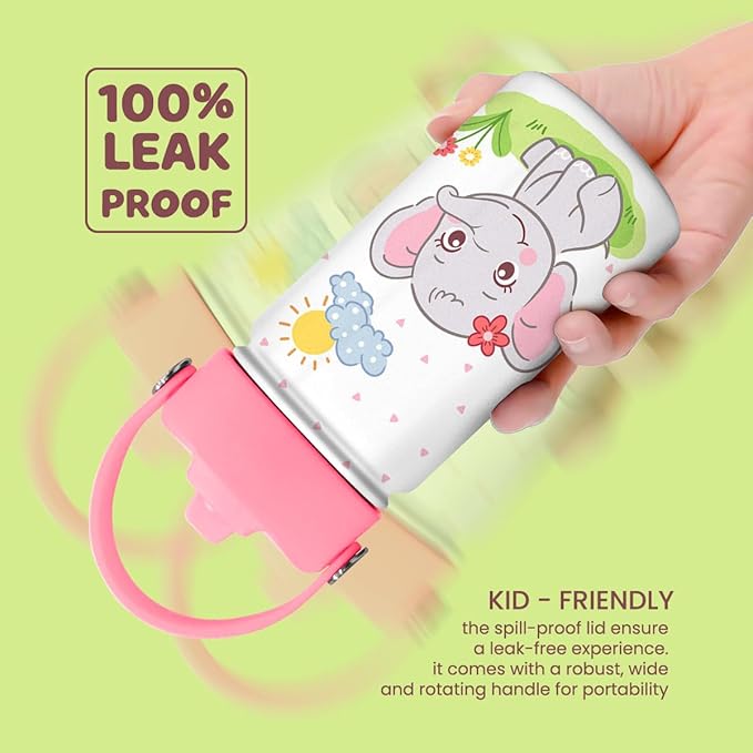 Elephant Water Bottle - Kids Water Bottle with Straw Lid - 12 Oz Insulated Stainless Steel Water Bottles for Kid Girl - Travel Cup for School Sports