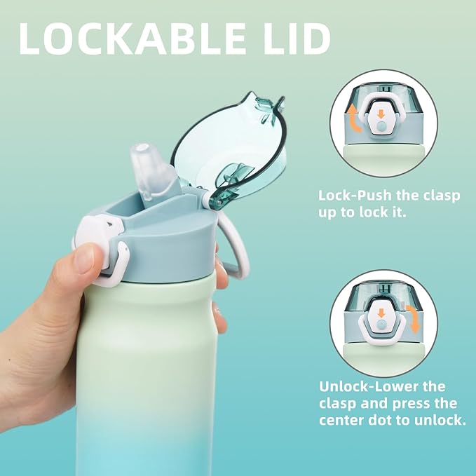Insulated Water Bottle with Straw and Carry Loop,18 oz Stainless Steel Double Wall Vaccum Metal Water Flask with Leak-proof Lid,Mint
