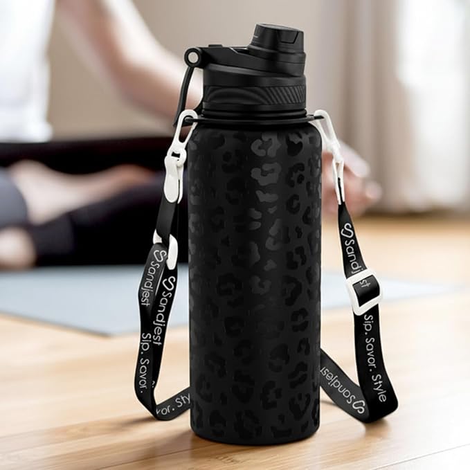 Black Leopard Skin Stainless Steel Water Bottle with Strap 32oz, Insulated Bottles with Straw and Spout Lid for Gym Sports Travel Outdoor, Gifts for Women Girls Birthday Christmas