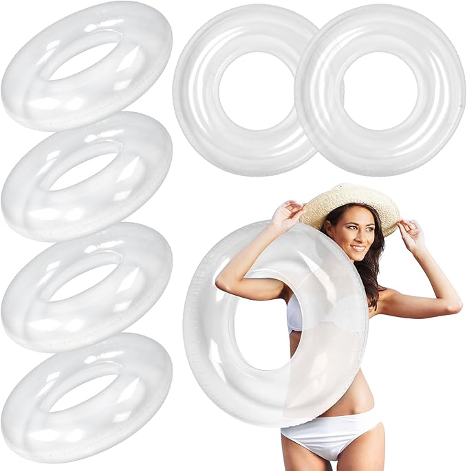 6 Pcs Inflatable Pool Floats 28 Inches Swim Tube Bulk for Adults Swimming Ring Pool Floaties for Beach Party Decorations Women and Men River Lake Summer Vacation Holiday (Clear)