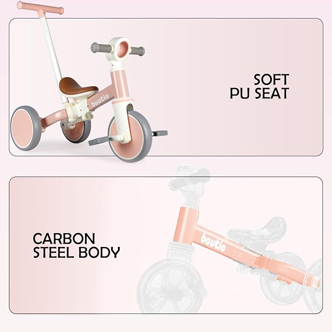 Kids Tricycle for Toddlers 1-3 with Push Handle, 5 in 1 Baby Balance Bike Toy for 1-4 Years Old Boys Girls Gift with Removable Pedals (No Parent Steering Version)
