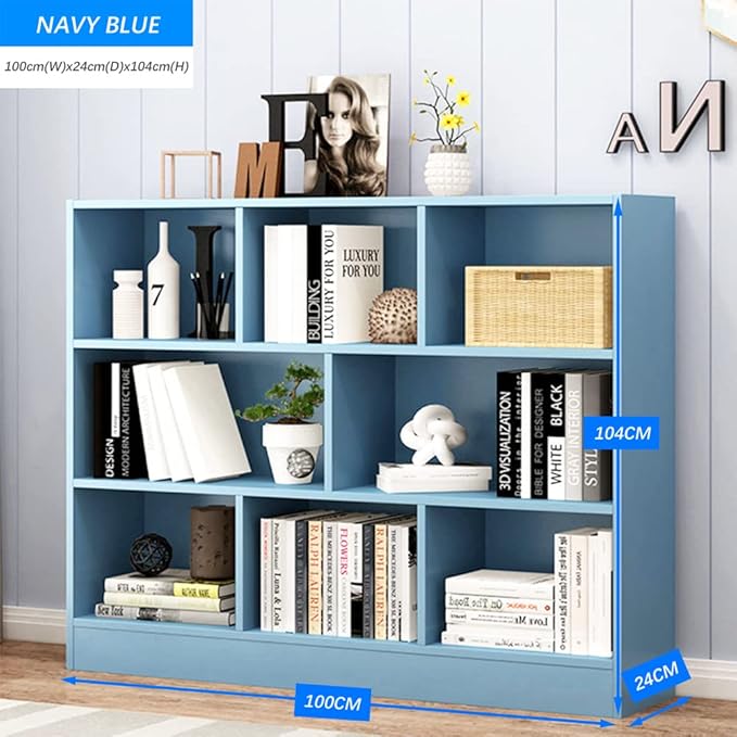 IOTXY Open Shelf Low Bookcase - Wooden 3-Tier Floor Standing Display Cabinet Organizer with Base, 8 Cubes Short Horizontal Bookshelf in Bright Blue