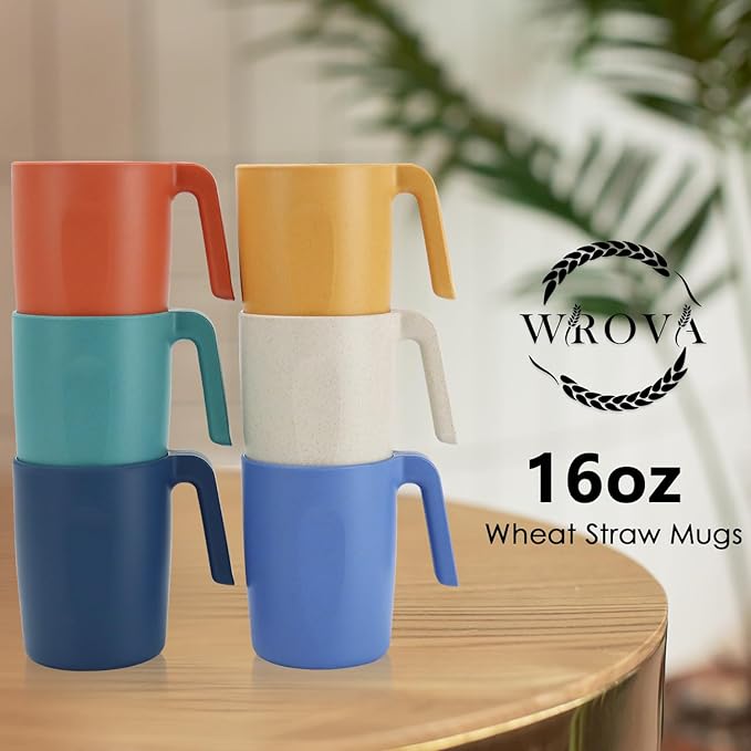 16oz Wheat Straw Cups with handles set of 6-Plastic Cups Reusable-Unbreakable Kids Mugs-Dishwasher Safe & Microwave Safe-Ideal Plastic Mugs for Tea,Coffee,Camping,RV-Vibrant Color