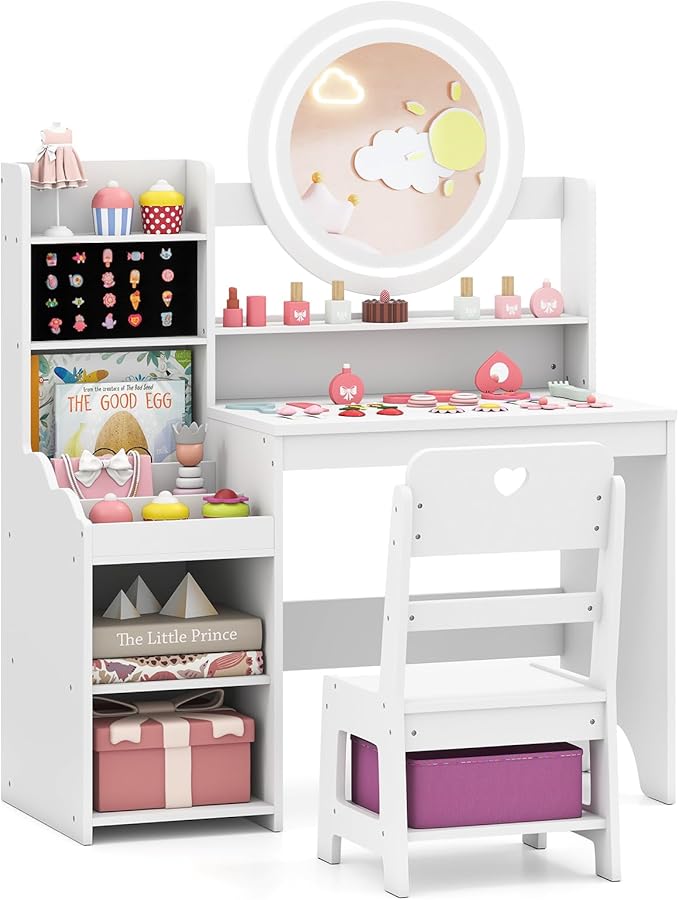 Costzon Kids Vanity, Girls Vanity Set with Mirror and Lights, Jewelry Storage, Shelves, Princess Toddler Makeup Vanity Desk Dressing Table, Wooden Kids Vanity Table and Chair Set (White)