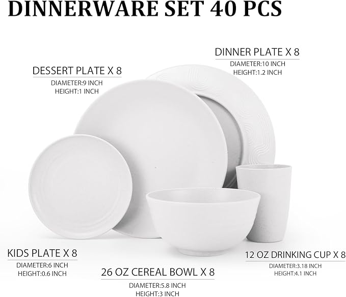 40 PCS Wheat Straw Dinnerware Sets, Service for 8 - Dinner Plates, Cereal Bowls, Drinking Glasses, Unbreakable Plastic Plates and Bowls Sets, Dishwasher and Microwave Safe for Kitchen - White