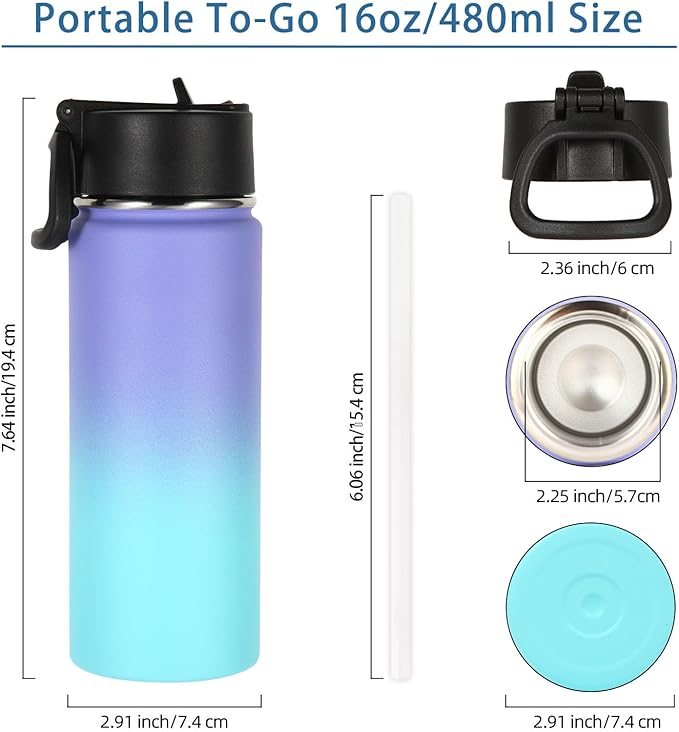Volhoply 16 OZ Kids Water Bottle Bulk 4 Pack,Insulated Sports Bottles with Straw Lid,Stainless Steel Bottle with Handle Keep Cold & Hot,Double Wall Vacuum Tumbler Cups for School(Purple Blue, 4)
