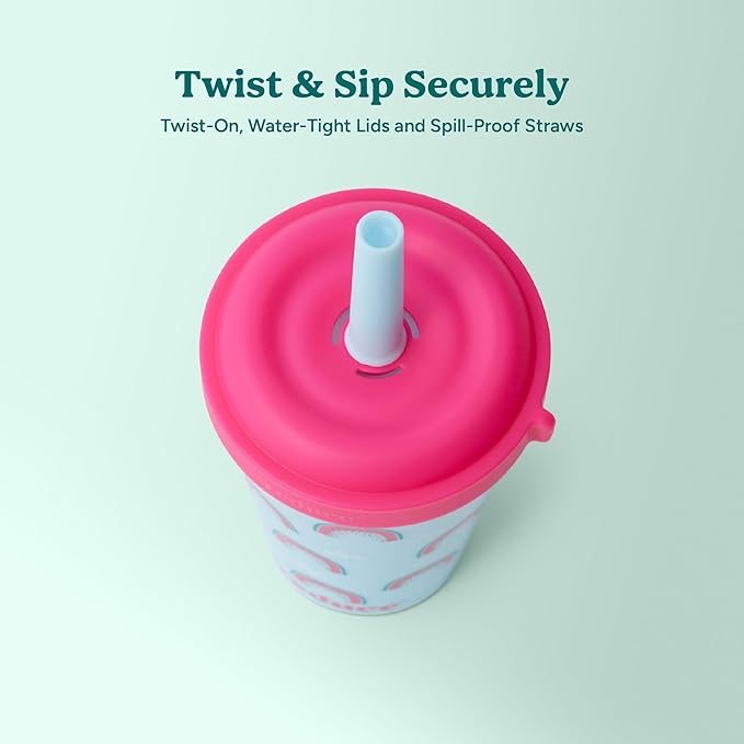 REDUCE GoGo's Kids Portable Tumbler Cups with Lids and Spill-Proof Straws - 5 Pack of Stackable 12 oz Tumblers with Twist-On Lids - Easy Storage, Dishwasher Safe - Serendipity Set