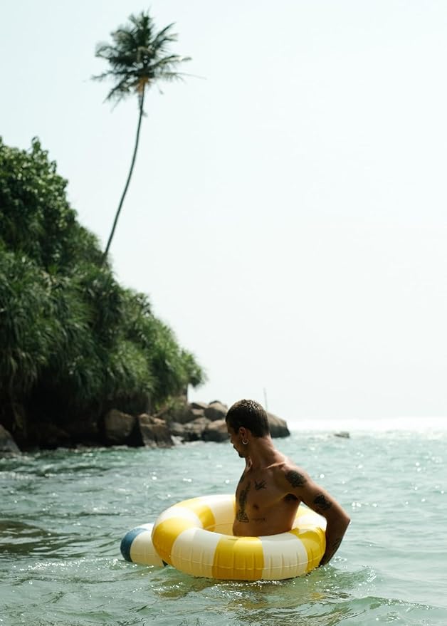 Petites-Pommes Water Floats for Adults - Durable Inner Tube, Handprinted Classic Striped Design Pool Float, Soft Comfort Seaming, Packable Floats for Travel, Yellow, 47 inch