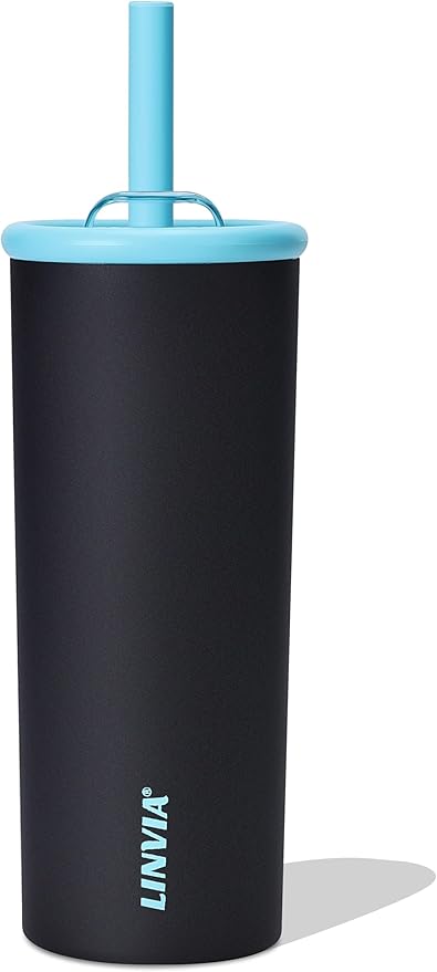 Candy Tumbler, 20 oz Kids Insulated Stainless Steel Water Bottle with Spill Resistant Silicone-Metal Straw and 2-in-1 Lid, BPA-Free, Cup Holder Friendly, Dishwasher Safe, Dark Black