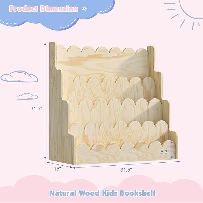 NACHES Wood Kids Bookshelf Scalloped Montessori Toddler Nursery Bookcase Baby Book Magazine Display Shelf 4 Tier Front Facing Children Book Rack Toy Organizer Girl Boy Bedroom Classroom Playroom
