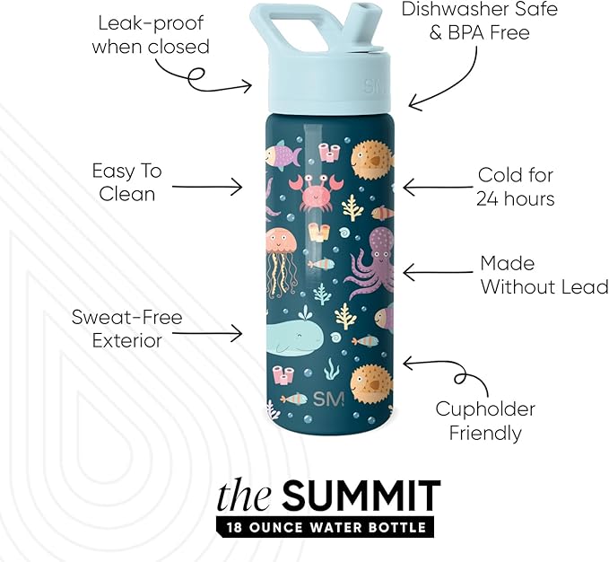 Simple Modern Kids Summit Water Bottle with Straw Lid | 18oz Stainless Steel Cup Insulated Tumbler for Toddlers, School | Under the Sea