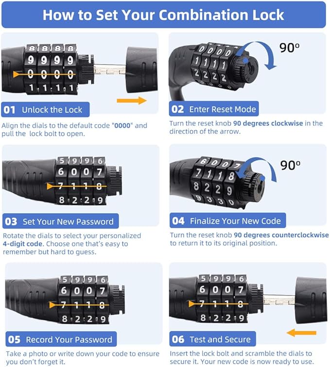 Bike Lock Cable, 30-inch Combination Lock, 4-Digit Resettable, Black