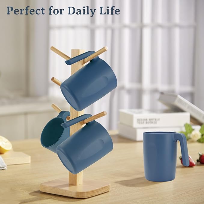 16oz Wheat Straw Cups with handles set of 6-Plastic Cups Reusable-Unbreakable Kids Mugs-Dishwasher Safe & Microwave Safe-Ideal Plastic Mugs for Tea,Coffee,Camping,RV-Navy Blue