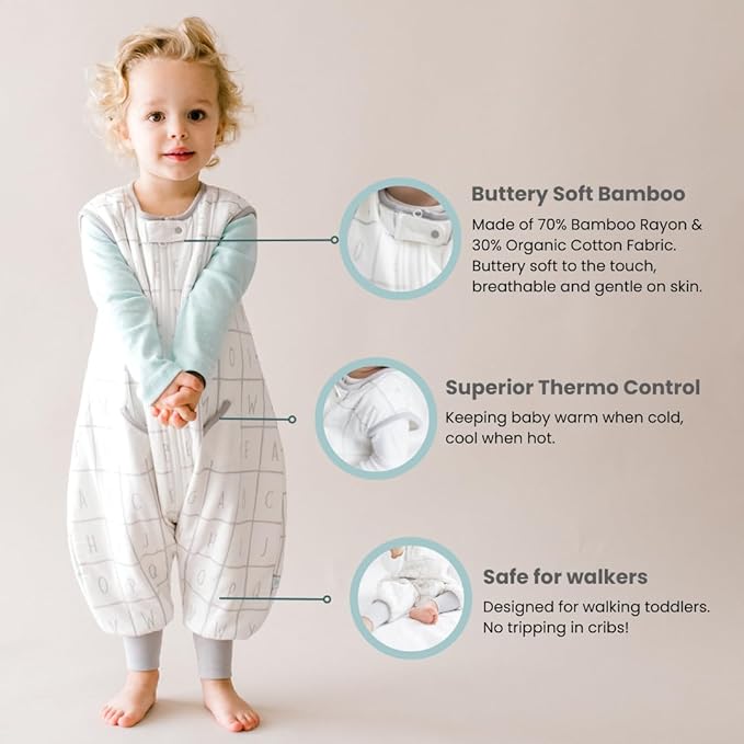 Tealbee Dreamsuit Toddler Sleep Sack with Feet – Walker Sleep Bag with Legs, Rayon made from Bamboo, All Season 1.2 TOG, 2-Way Zipper, 12m-2T - Alphabet