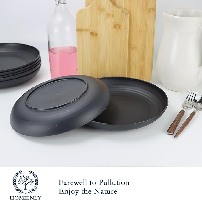 Homienly Deep Dinner Plates Set of 8 Alternative for Plastic Plates Microwave and Dishwasher Safe Wheat Straw Plates for Kitchen Unbreakable Plate Set for Camping, Picnic, Party (Black, 9 inch)