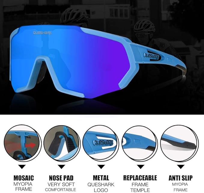 Queshark Cycling Glasses, Sports Sunglasses for Men Women, 1 Polarized 2 HD Lens, Polarized Sunglasses for Cycling Running