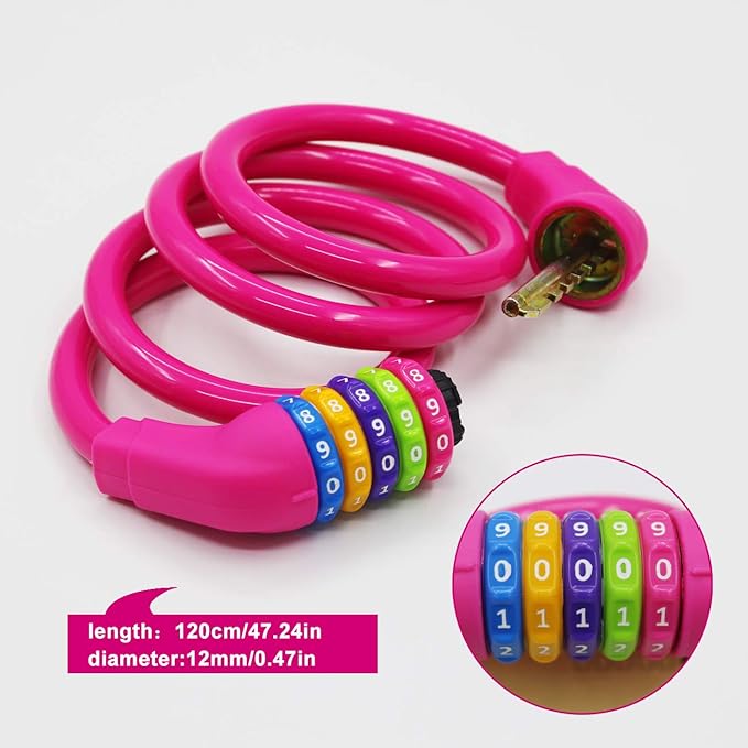 Bike Lock Cable - 4 Feet Resettable Cable Lock - Self Coiling 5 Digit Combination Bicycle Lock (Rose Red)