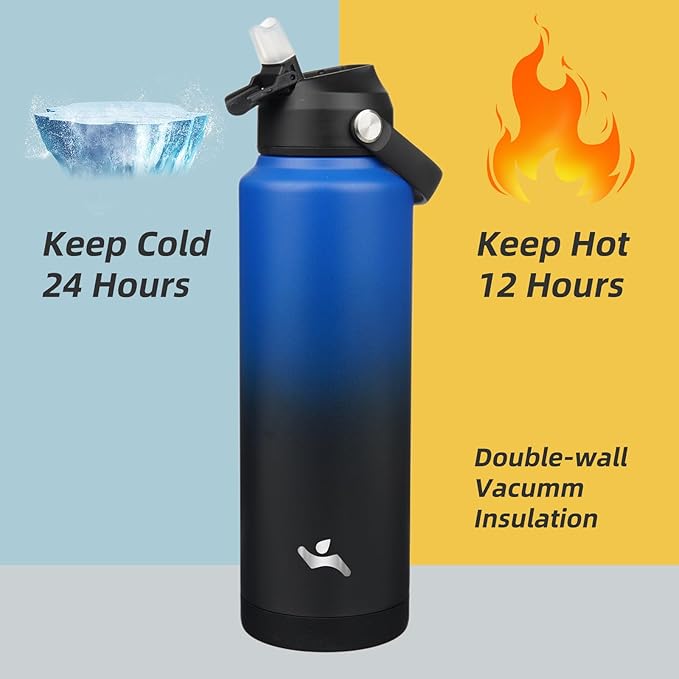 Insulated Water Bottle with Straw Lid,40 oz Stainless Steel Vacuum Metal Bottle with Silicone Handle,Black Blue