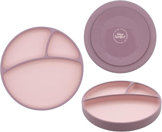 WeeSprout Silicone Suction Plate - Two-Tone Baby Plate with Suction Cup - Sectioned Divided Dish for Kids, Infants, Toddlers - Food-Grade Silicone Dinnerware (Matte Pink/Matte Purple)