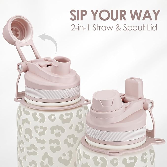 SANDJEST Beige Leopard Skin Stainless Steel Water Bottle with Strap 32oz, Insulated Bottles with Straw and Spout Lid for Gym Sports Travel Outdoor, Gifts for Women Girls Birthday Christmas