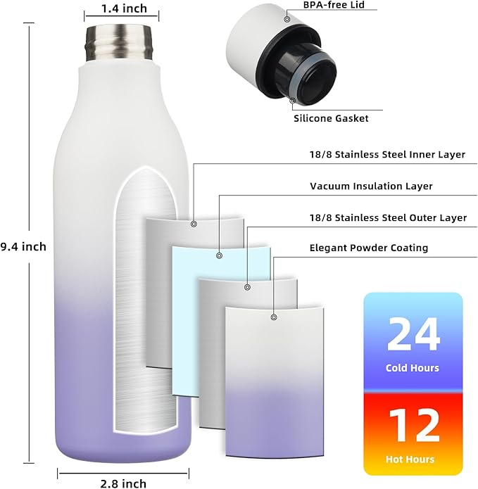 BJPKPK Insulated Water Bottles, 18 oz Stainless Steel Metal Water Bottle with Strap, BPA Free Leak Proof Thermos, Mugs, Flasks, Reusable Water Bottle for Sports & Travel, Lilac Elegance (Pack of 2)