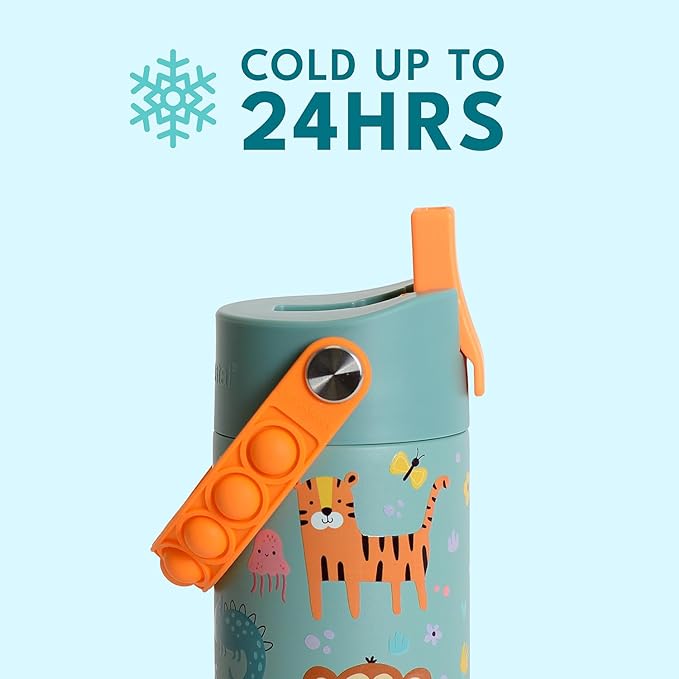 Elemental Insulated Kids Water Bottle, Stainless Steel Water Bottle with Straw Lid & Pop-It Handle, Leak-Proof Water Bottles for School, Boys or Girls, Travelling and Sports, 18oz - Safari