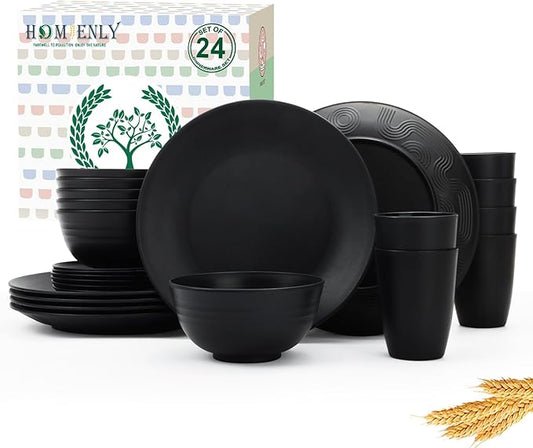 Homienly 24-Piece Wheat Straw Dinnerware Sets,Service for 6 - Cups, Plates and Bowls Sets,Reusable Dishwasher and Microwave Safe Melamine Dinnerware Set for Home,Camping,RVs - Black