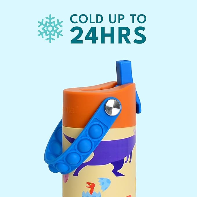 Elemental Insulated Kids Water Bottle, Stainless Steel Water Bottle with Straw Lid & Pop-It Handle, Leak-Proof Water Bottles for School, Boys or Girls, Travelling and Sports, 18oz - Dino Rage