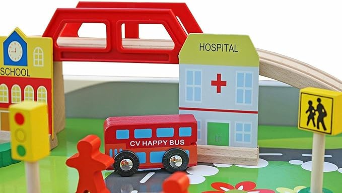 Wooden Train Set with Table 90 Pieces Wooden Kids Activity Toy Table Playset with Reversible Detachable Tabletop, Tracks, Train, Railway, City, Gift for Toddler Boys Girls Ages 3+