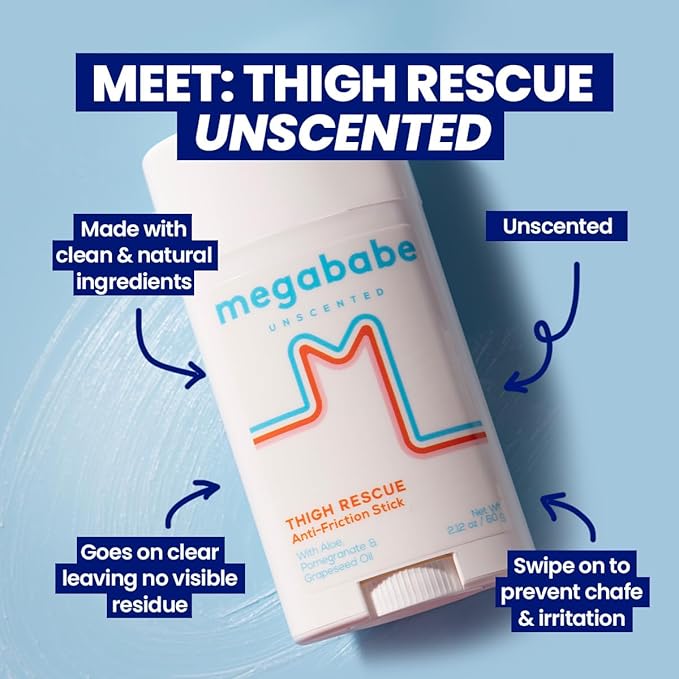 Megababe Thigh Rescue Anti-Chafe Stick | Prevents Skin Chafe & Irritation | Thighs, arms, bra-lines & more | 2.12oz - Unscented Summer Vacation Essentials