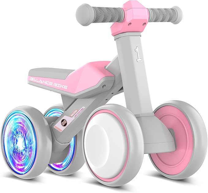 Colorful Lighting Baby Balance Bike Toys for 1 Year Old Girls Gifts, Toddler First Bike 12-24 Months with Adjustable Soft Seat, 4 Silent Wheels Ride on Toy, Perfect First Birthday Gift