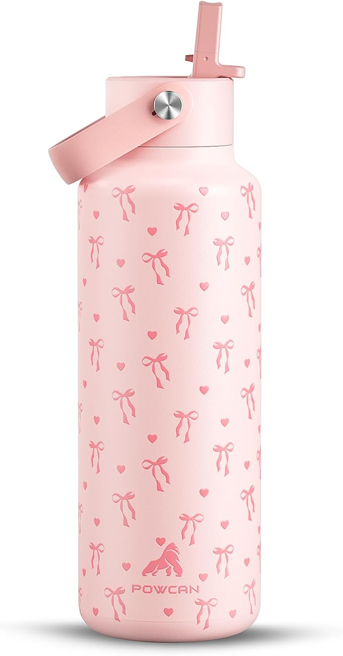 POWCAN 18 oz Insulated Water Bottle: Leakproof, Cup Holder Friendly, Standard Mouth, Top Handle, Double Walled Stainless Steel Water Bottle for Girl, Student, School, Bag, Camping (Sweetheart Bow)