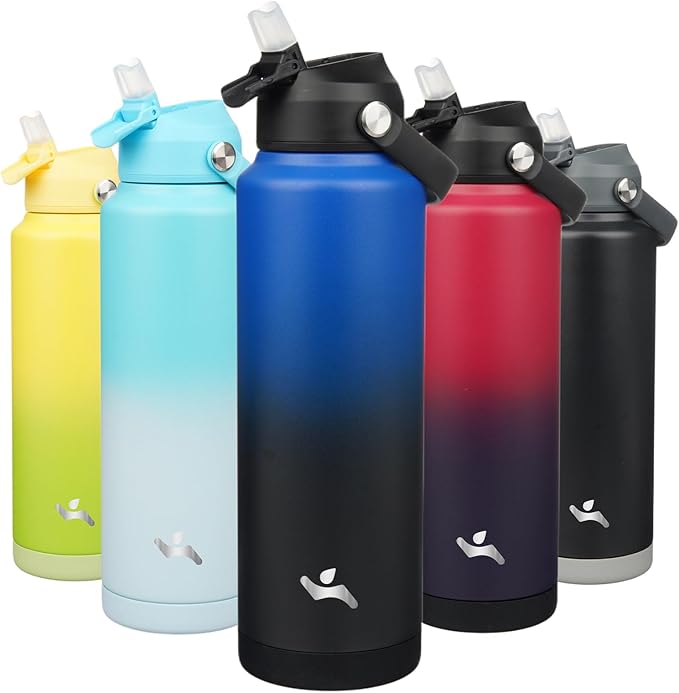 Insulated Water Bottle with Straw Lid,40 oz Stainless Steel Vacuum Metal Bottle with Silicone Handle,Black Blue