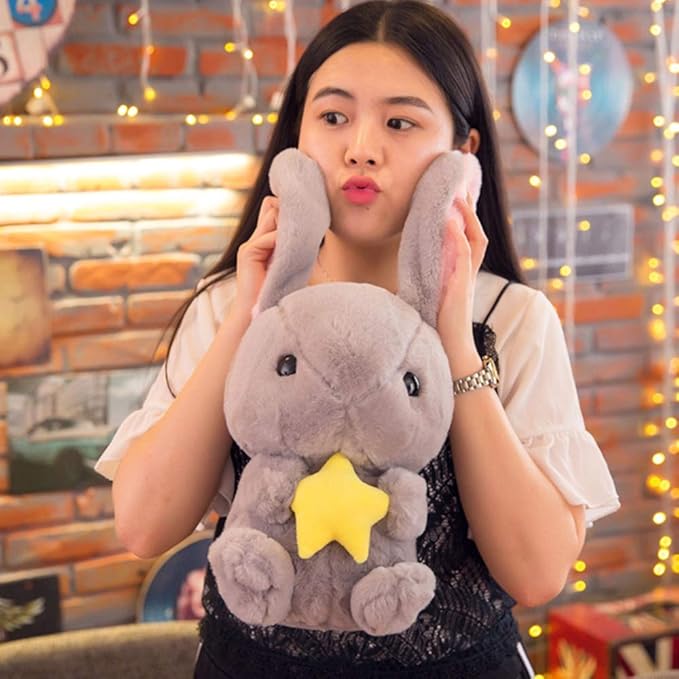 HOUPU Soft Toy - Sitting Lop Eared Rabbit, Easter White Rabbit Stuffed Bunny Animal with Carrot Soft Lovely Realistic Long-Eared Standing Pink Plush Toys (Gray-Star,8.6in/22cm)