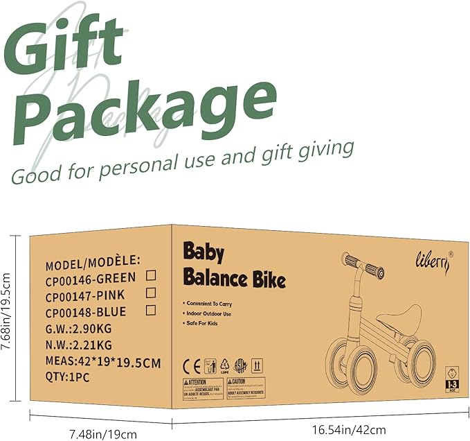 Liberry Baby Balance Bike for 1 Year Old Boys, 4 Wheels Toddler Balance Bike with Adjustable Seat, 12-24 Months Infant's First Birthday Gift (Green)