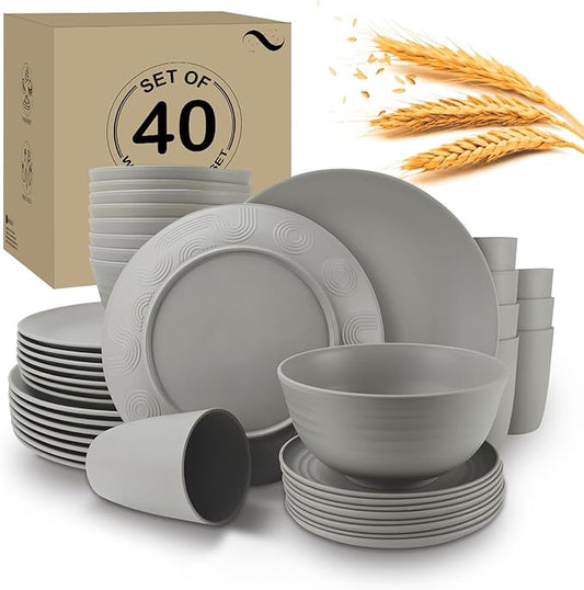 Wrova 40Pack plates and bowls sets for kitchen - Unbreakable wheat straw dinnerware sets service for 8 - Alternative plastic 40pcs dish sets for picnic,camping and R.V. - (Grey)