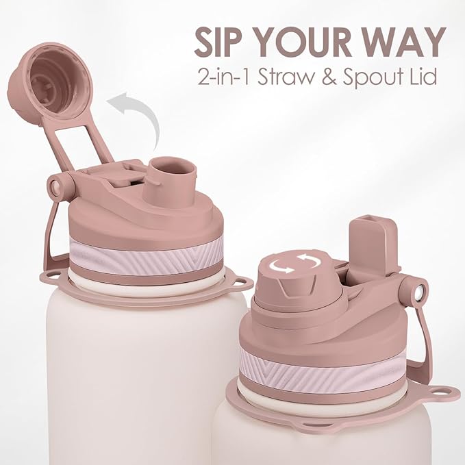 SANDJEST Stainless Steel Water Bottle with Strap 32oz, Insulated Bottles with Straw and Spout Lid for Gym Sports Travel Outdoor, Gifts for Women Girls Birthday Christmas (Beige)