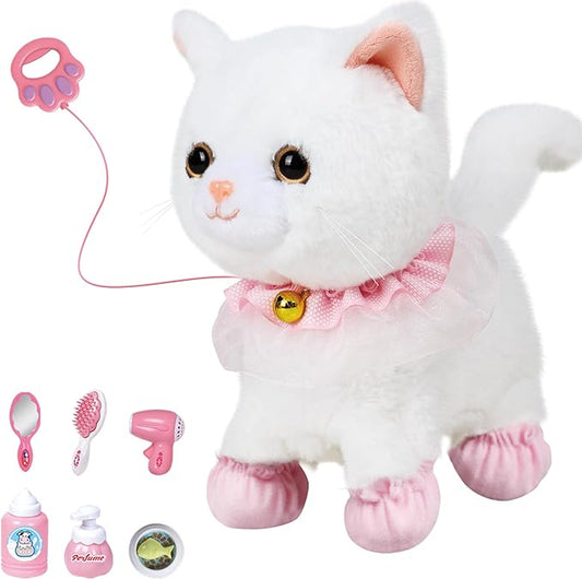 Interactive Electronic Plush Toy Walking and Barking Robot Cat Plush Cat Remote Control Kitten for Girls (White Cat)